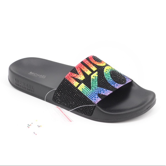 New Michael Kors 7 Gilmore Embellished Slide Sandals Black Multi - Picture 6 of 16
